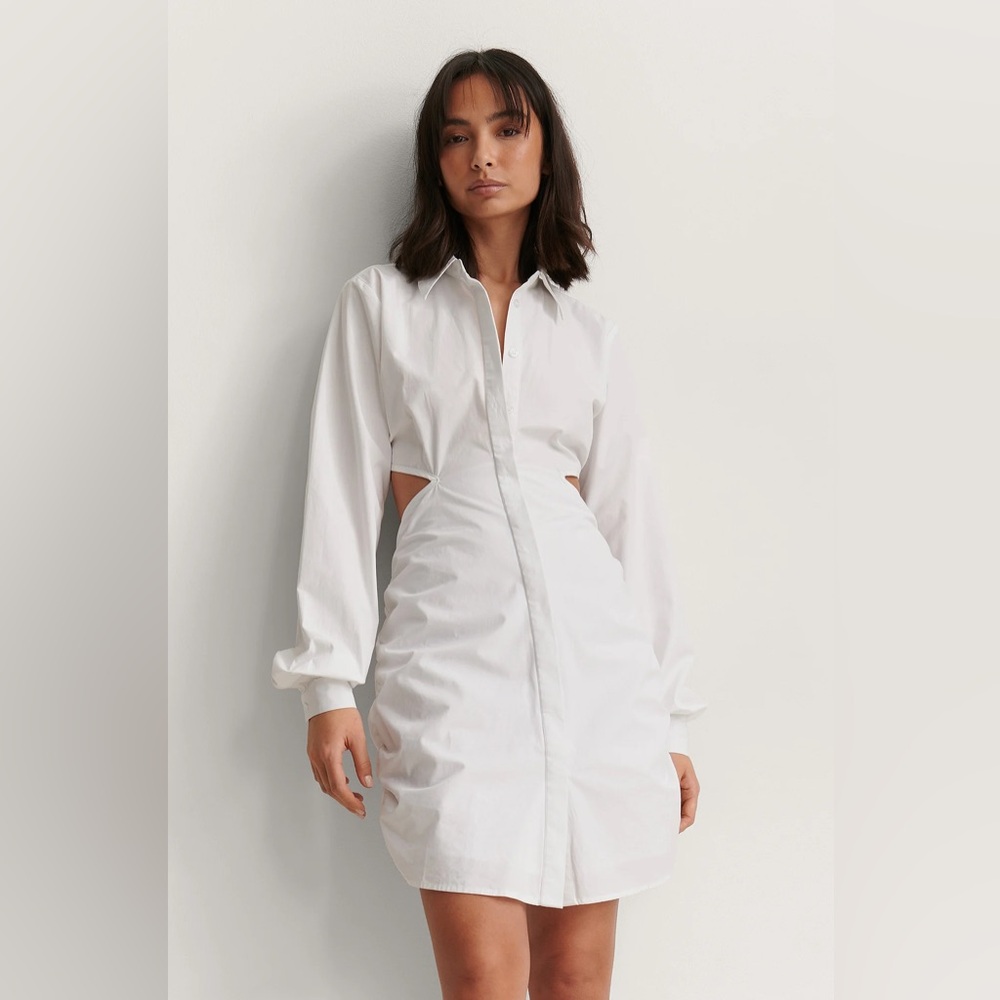 Shero Open Back Long Sleeve Button Up White Shirt Dress